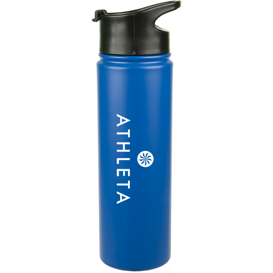 Blue stainless steel water bottle with a flip lid and logo
