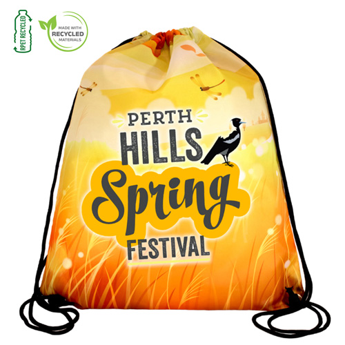 Full-color drawstring backpack made from recycled materials with an event logo