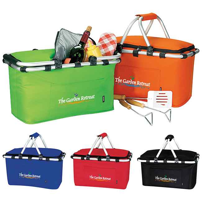 Folding insulated picnic baskets with a custom logo in several colors