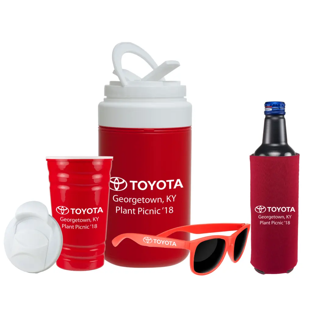 Custom picnic items with a company logo: insulated jug, cup, sunglasses and bottle sleeve
