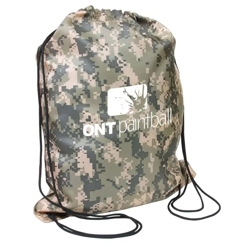Digital camouflage drawstring bag with a white paintball-themed logo panel for promotional events and outdoor activities