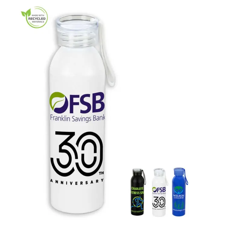 Reusable clear water bottle with a carrying loop and custom financial institution logo, shown with alternate branded bottle colors
