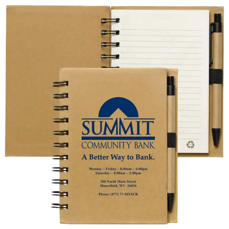 Kraft-cover spiral notebook with a custom community bank logo and matching pen for banking promotions