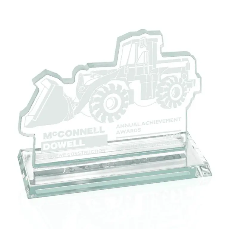 Etched desk award with a construction loader design for project completion recognition