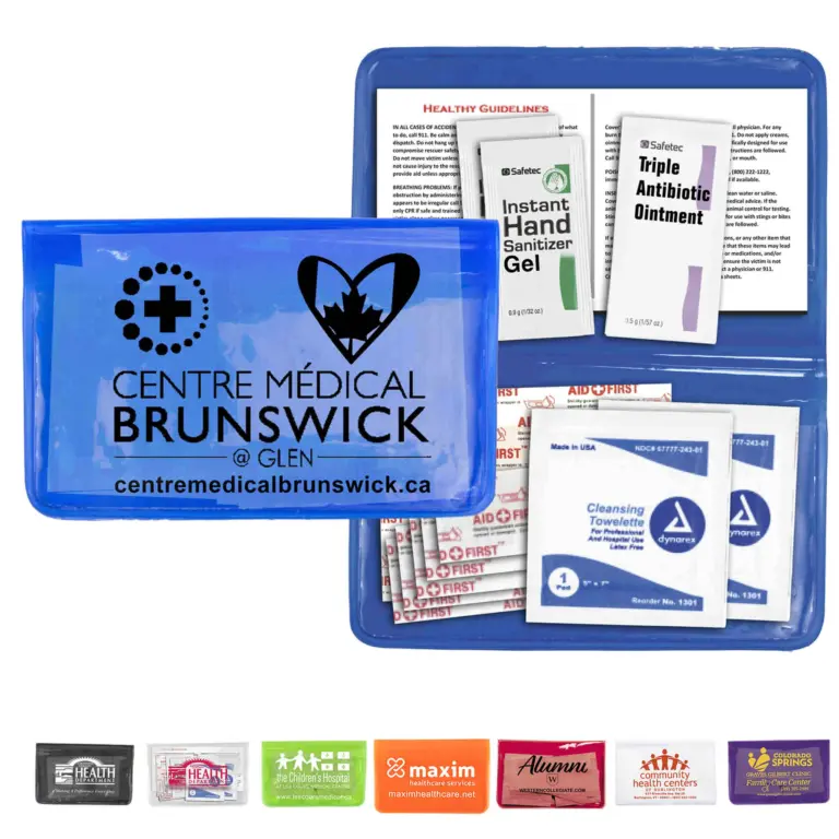 First aid kit in a vinyl pouch with custom logo, healthcare giveaway