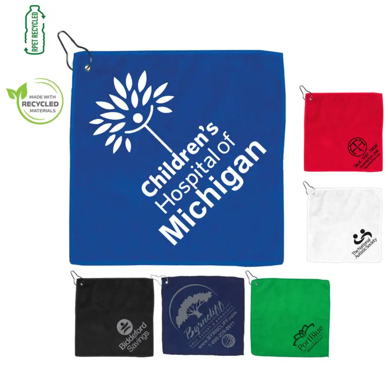 Recycled heavy duty golf towel with custom logo, healthcare staff promotional gift