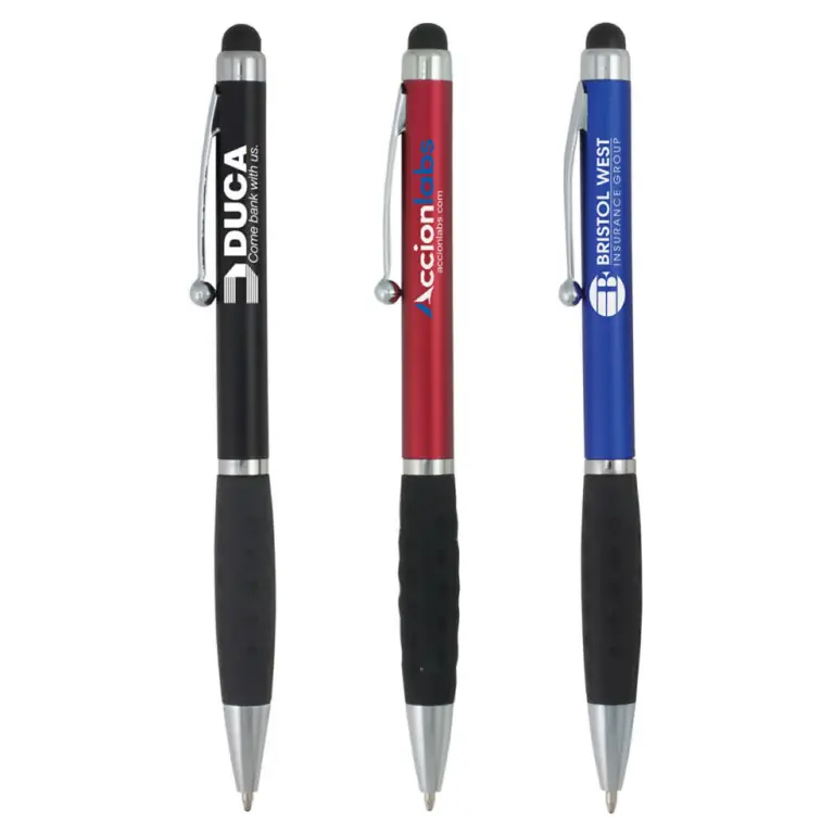 Black, red, and blue promotional stylus pens with custom business logos for banking and financial services giveaways