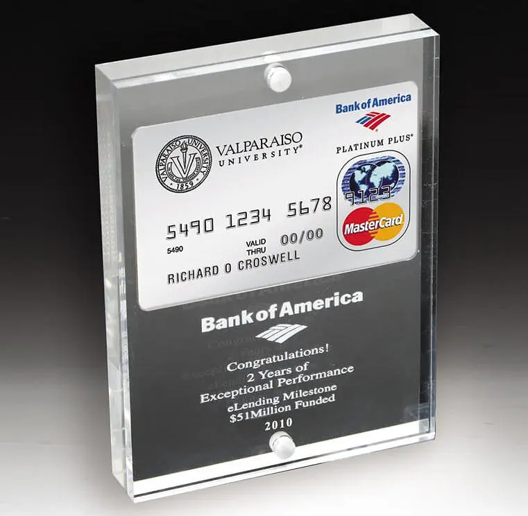 Clear Lucite banking achievement award featuring a commemorative bank card design and personalized employee recognition message
