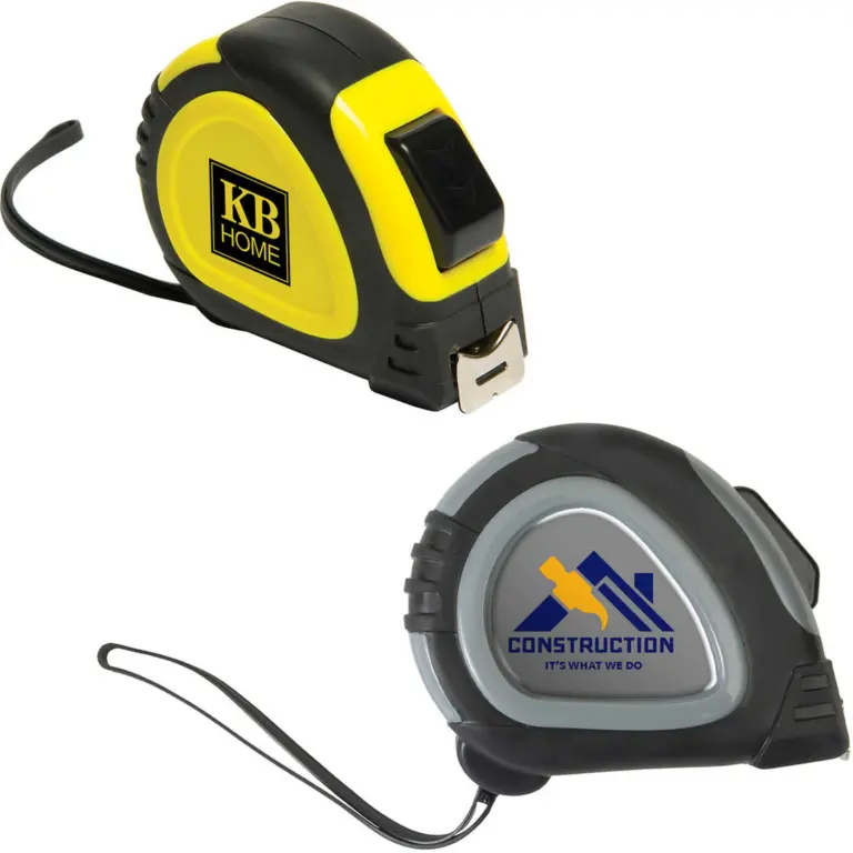 Yellow and gray tape measures with contractor logos, construction company giveaway