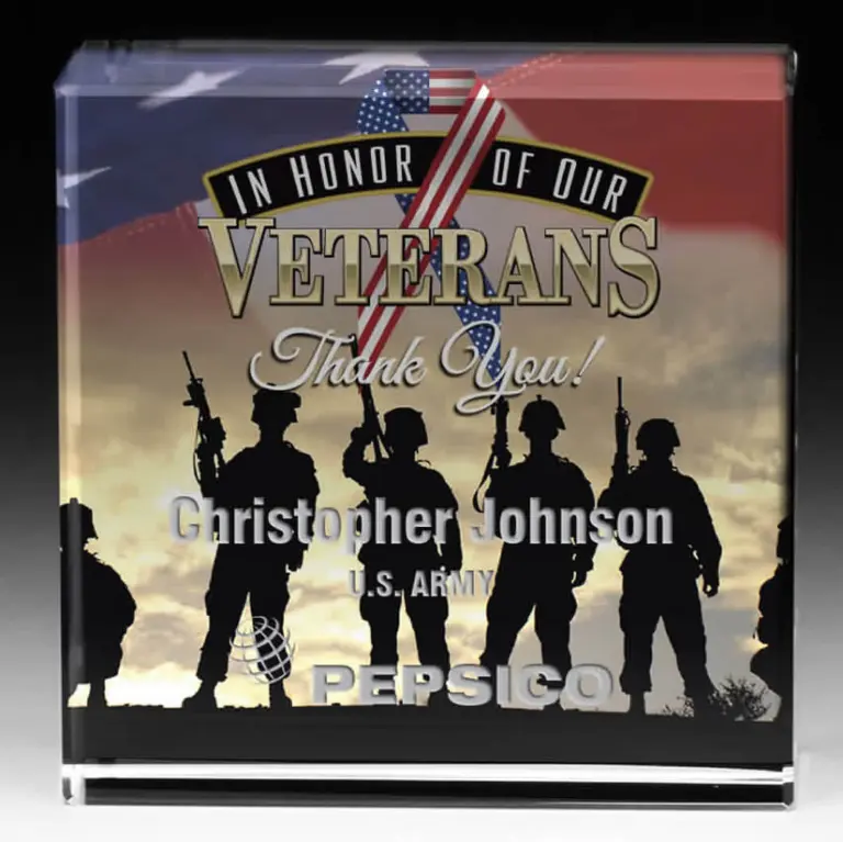 Rectangular crystal veterans appreciation award with American flag artwork, military silhouettes, and personalized service recognition