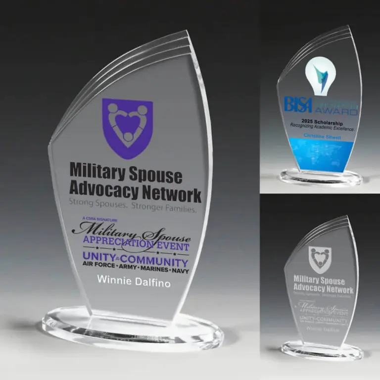 Clear shield-shaped acrylic Military Spouse Advocacy Network award recognizing military spouse appreciation and community support