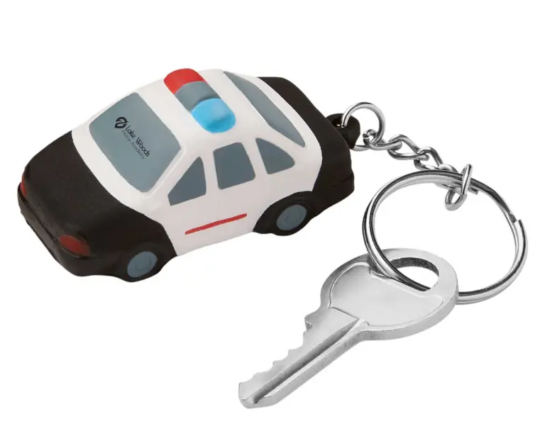 Custom police car shaped stress ball keychain for community outreach giveaways