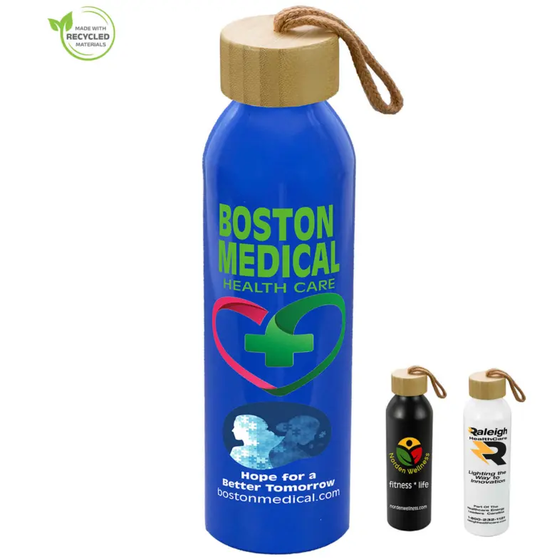 22 oz recycled aluminum water bottle with bamboo lid and custom logo for healthcare teams