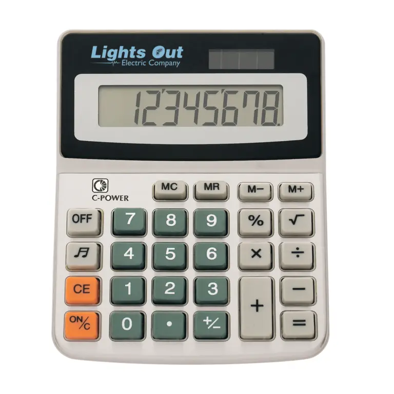 Solar powered desk calculator with custom logo, promotional gadget for solar and energy companies