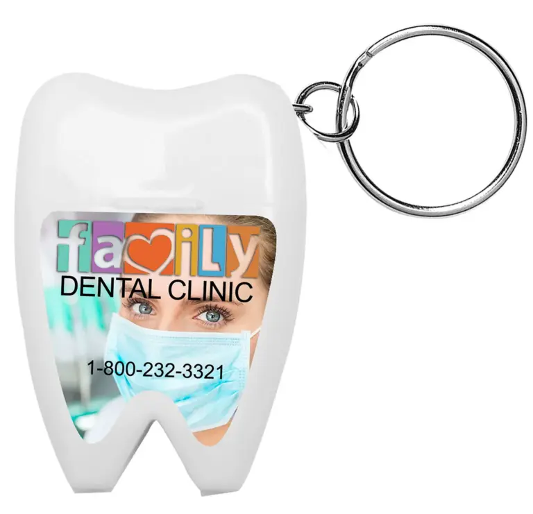 Tooth shaped dental floss dispenser keyring with custom logo for dental care promotions