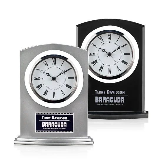 Branded silver desk clock for corporate recognition gifts