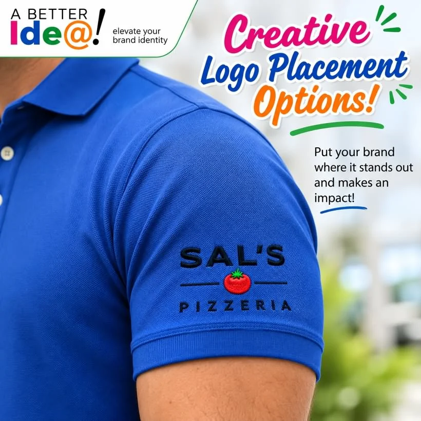 Creative logo placement on the sleeve of a branded polo shirt