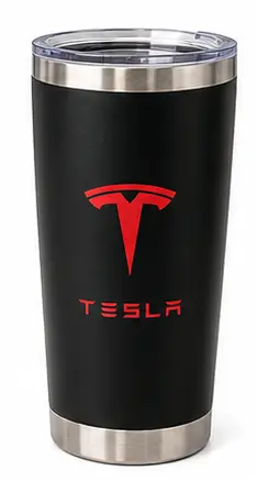 Black stainless steel tumbler with a clear lid and a custom logo