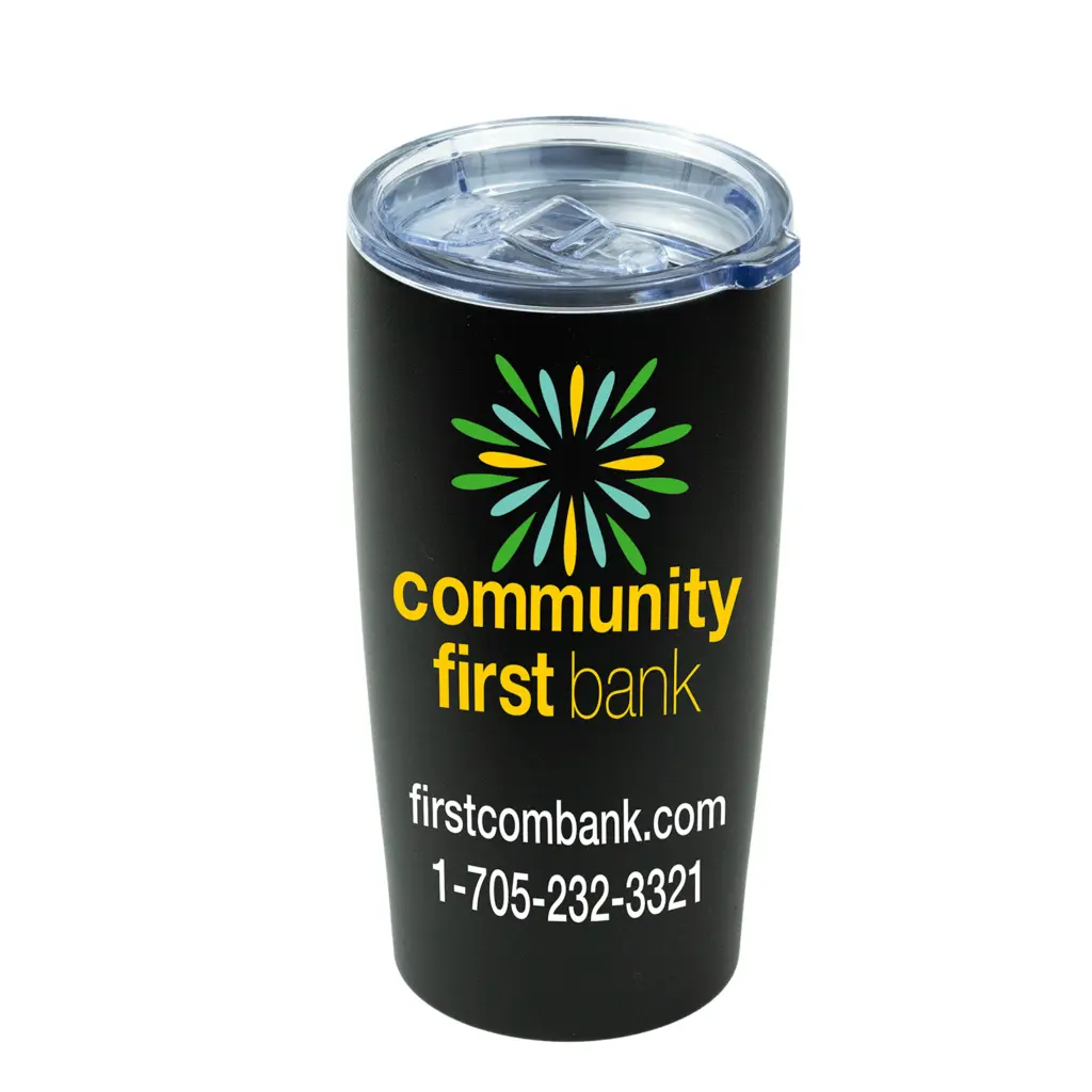 Black travel tumbler with a clear lid and a full-color logo