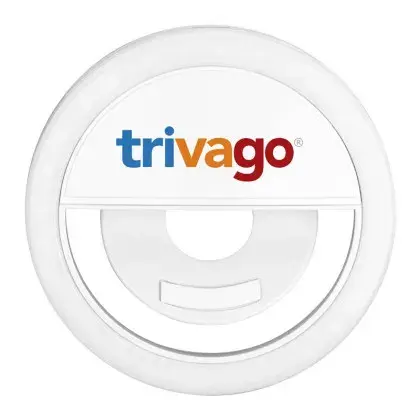 White clip-on selfie ring light with a custom logo