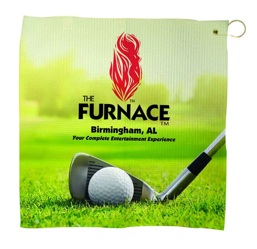 Full-color golf towel with a custom logo and hook