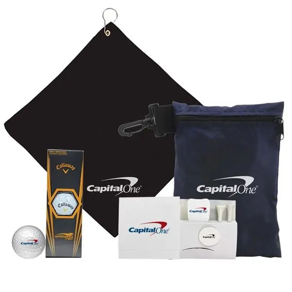 Custom golf gift set with a towel, golf balls, tees and pouch