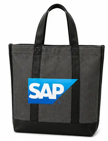 Gray tote bag with black handles and a large custom logo