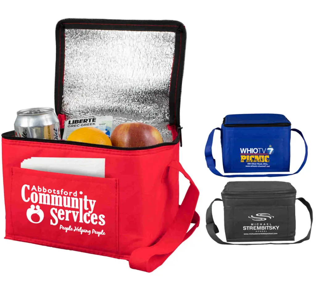 Insulated lunch cooler bags in red, blue and black with custom logos
