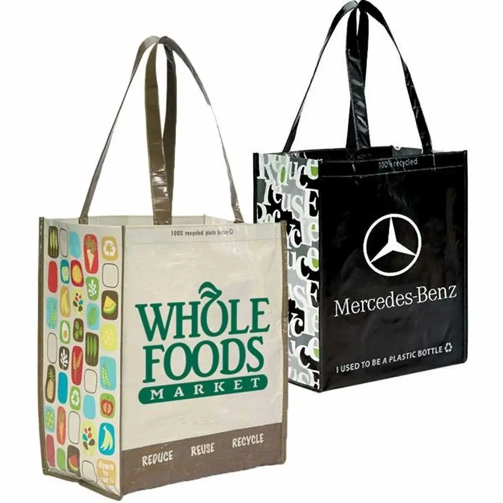Laminated recycled shopping tote bags with custom prints