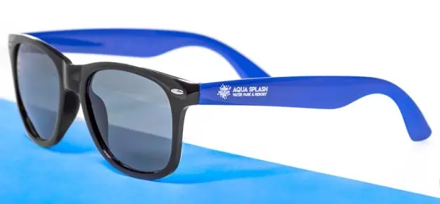 Black and blue sunglasses with a custom logo on the temple
