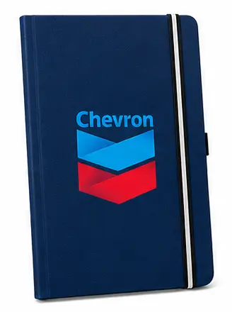 Navy hardcover journal with an elastic band and a custom logo