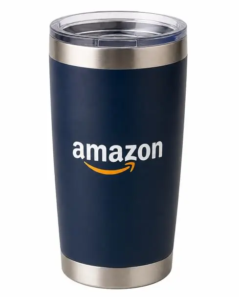 Navy stainless steel tumbler with a custom logo