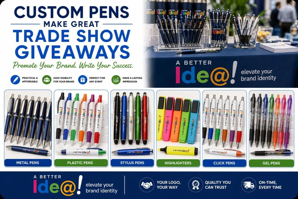 Custom pens make great trade show giveaways, metal, plastic, stylus, highlighter, click and gel pens