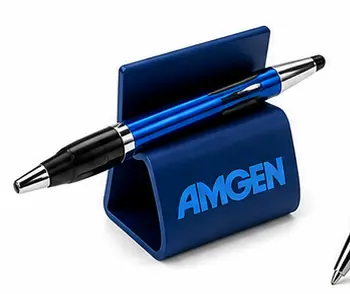 Blue phone stand and pen holder with a custom logo and stylus pen