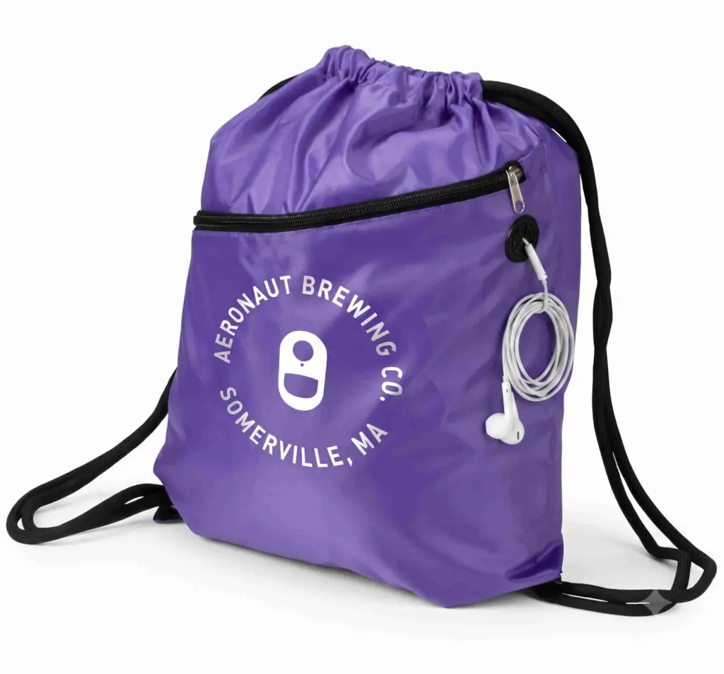 Purple drawstring backpack with a zipper pocket and a custom logo