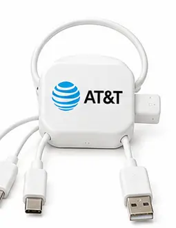 Retractable multi-tip charging cable with a custom logo