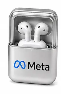Wireless earbuds in a metal case with a custom logo