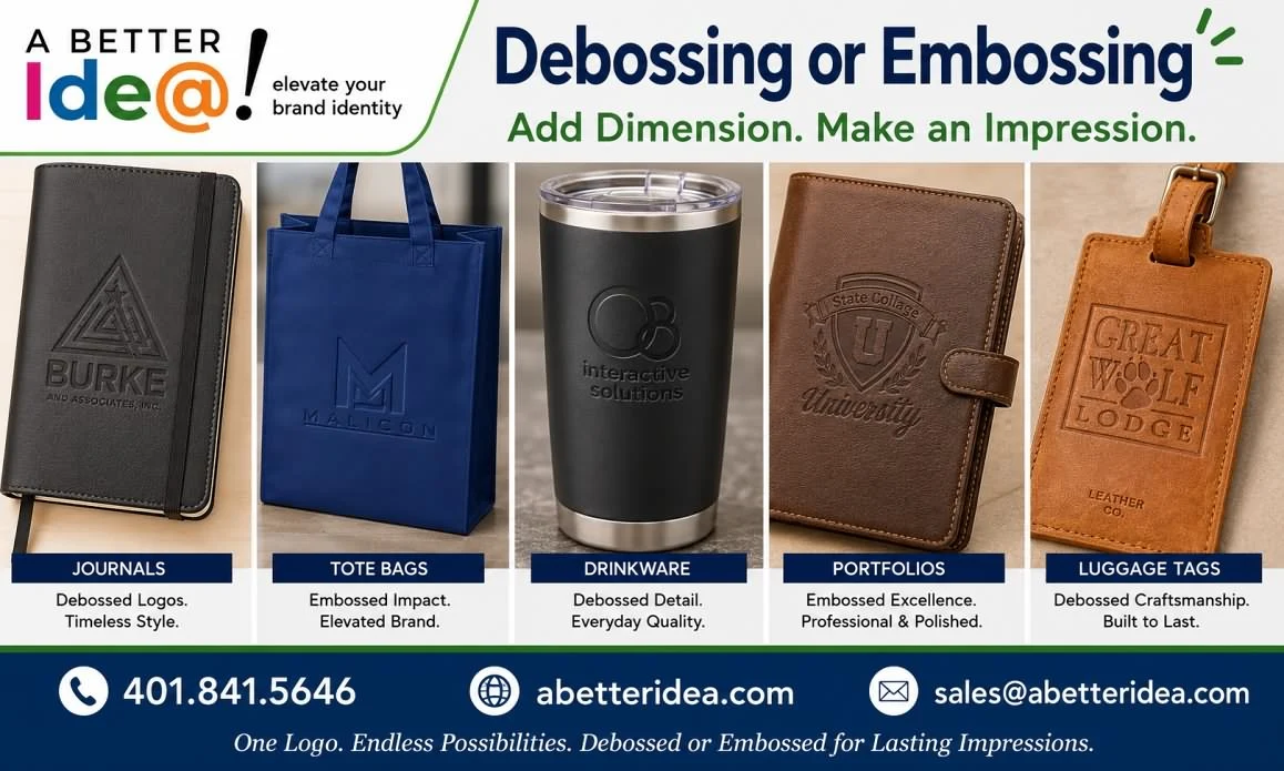 Debossing and embossing on journals, tote bags, drinkware, portfolios and luggage tags