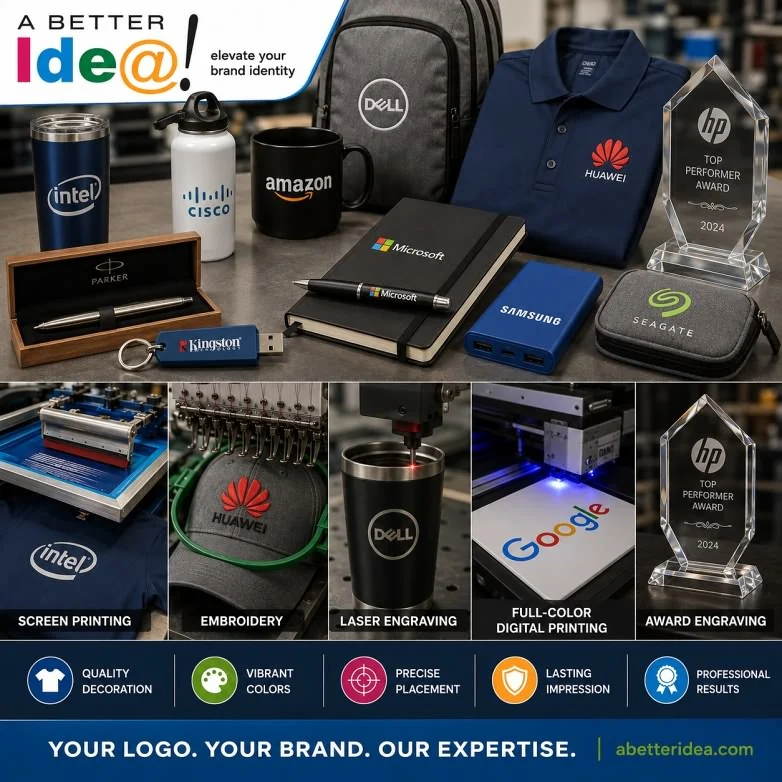 Screen printing, embroidery, laser engraving and full color decoration methods on promotional products