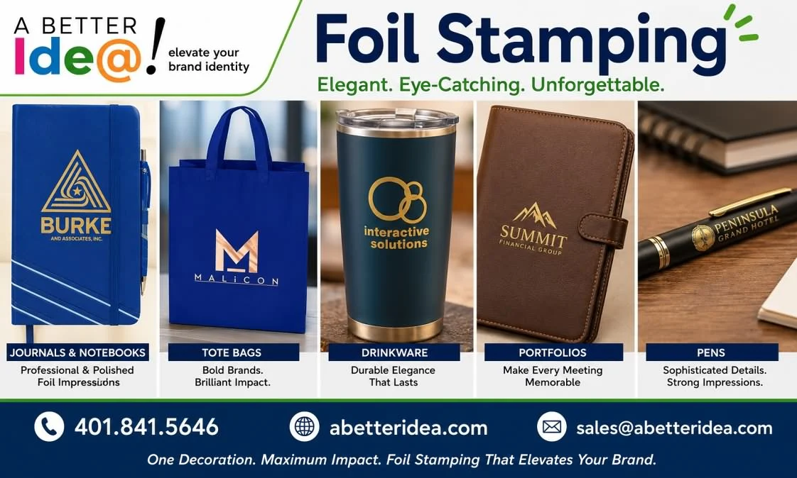 Foil stamping on journals, tote bags, drinkware, portfolios and pens