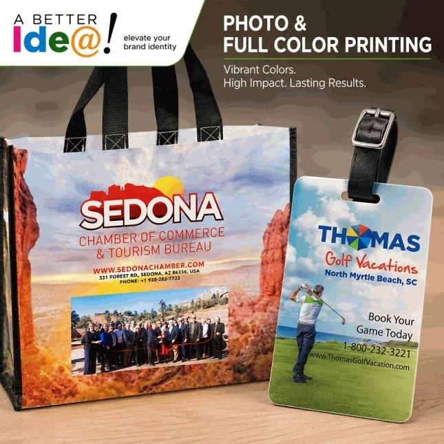 Full color photo printing on a branded tote bag and luggage tag