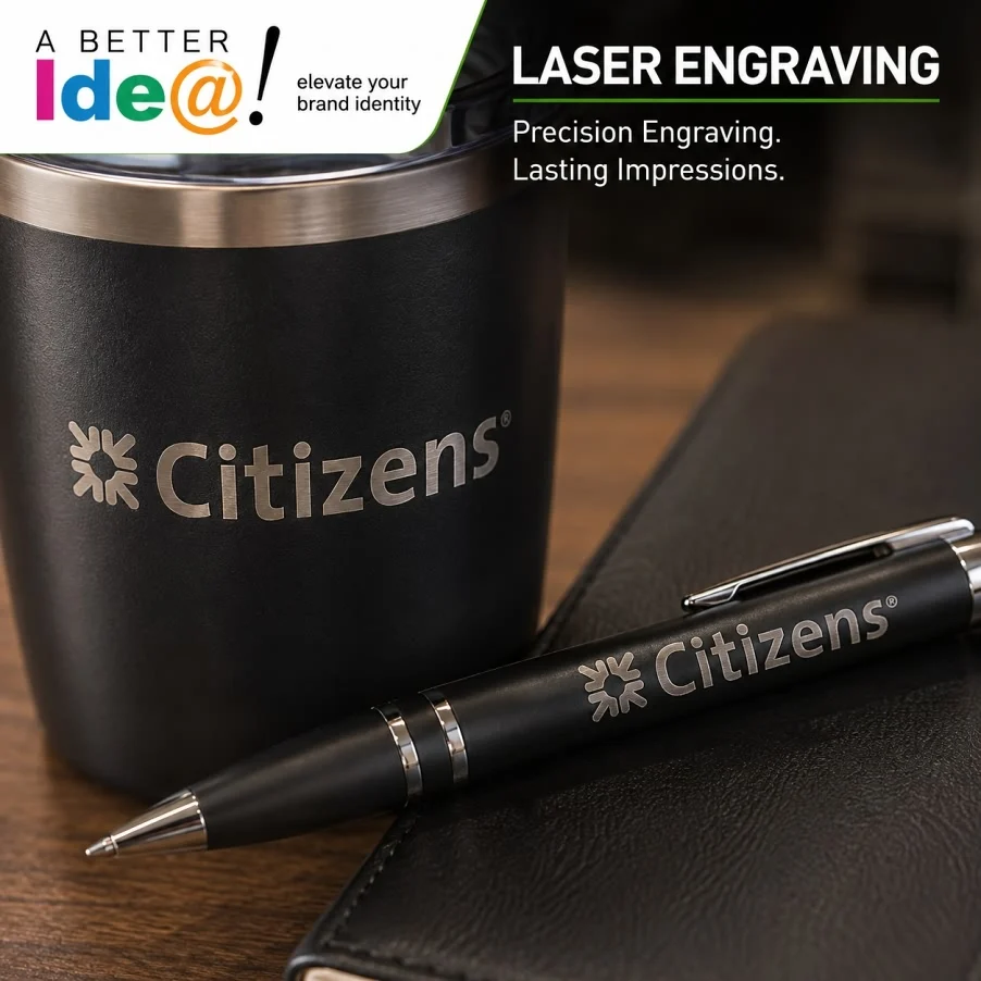 Laser engraved tumbler and pen with company logo