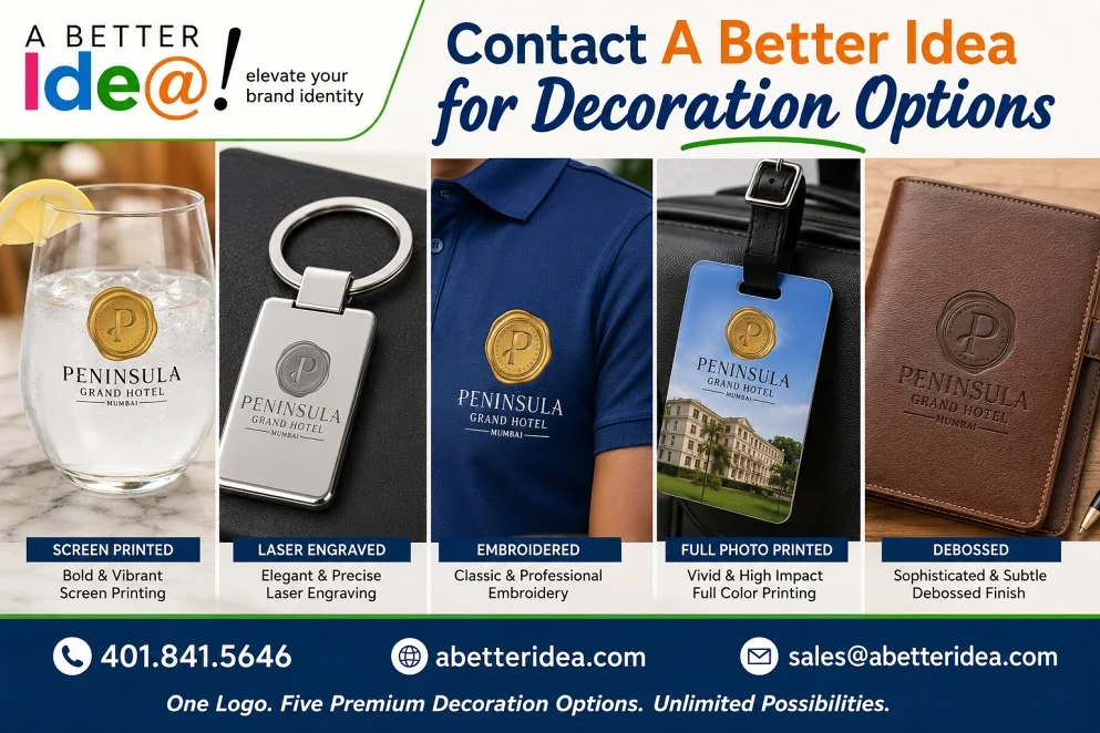 One logo shown in five decoration options, screen printed, laser engraved, embroidered, full photo printed and debossed