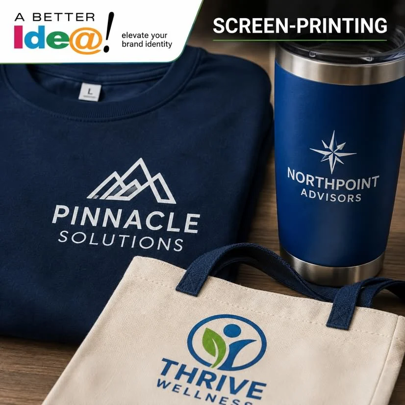 Screen printed apparel, drinkware and tote bag with company logos