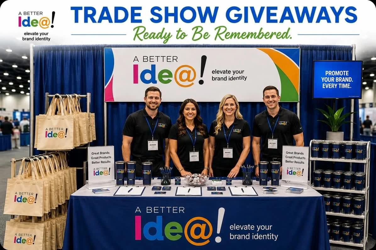 Branded trade show booth and promotional merchandise with staff