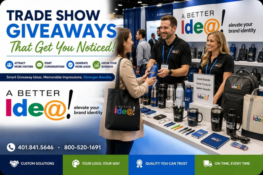 Trade show booth with branded promotional products and giveaways
